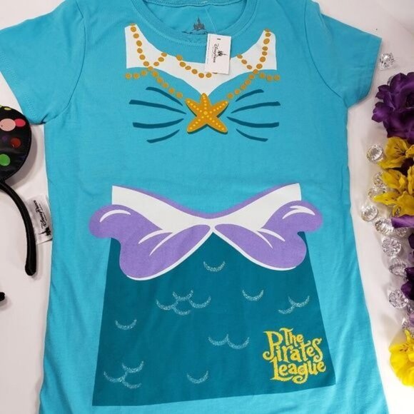 Disney Little Mermaid Blouse Girls Pirates League Short Sleeve Graphic Tee Shirt - Picture 4 of 10